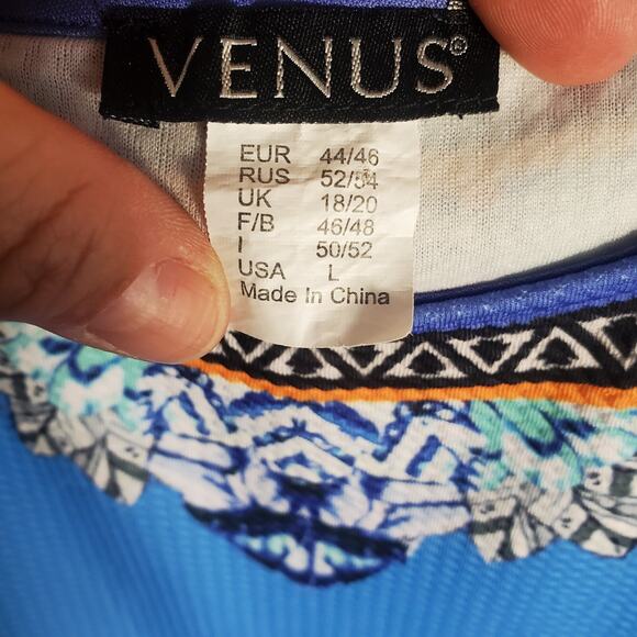 Venus Blue Sleeveless Dress Size L Tribal Print Stretch Bodycon 35" Length - Picture 6 of 9